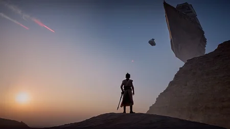 cinematic film still of <lora:star wars style:0.2>
<lora:detailed:0.4> detailed
<lora:perfection style:0.4> perfect
<lora:PerfectEyesXL:0.5>
<lora:Chiaroscuro Lighting Style:0.3>
<lora:Jakku:0.9>
Jakku a man standing on top of a cliff next to a giant ship,in star wars style,1boy,hat,standing,scenery,sunset,silhouette, shallow depth of field, vignette, highly detailed, high budget, bokeh, cinemascope, moody, epic, gorgeous, film grain, grainy