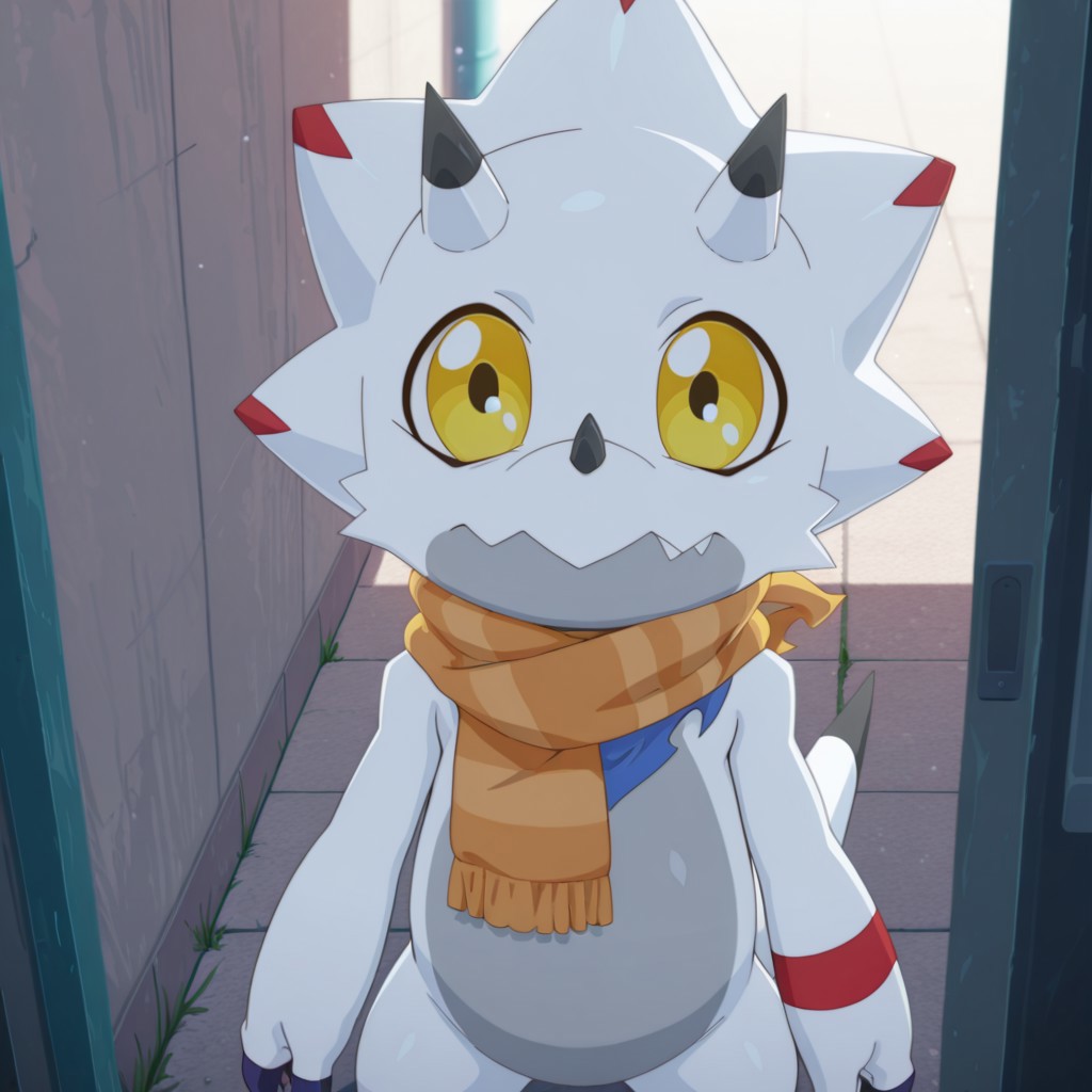 ((masterpiece, best quality, amazing quality,))  GammaGil, semi-anthro, Gammamon, ceratopsian, white skin, yellow eyes, blue neckerchief, horns, nose horn, tail, orange scarf, outside, standing, solo