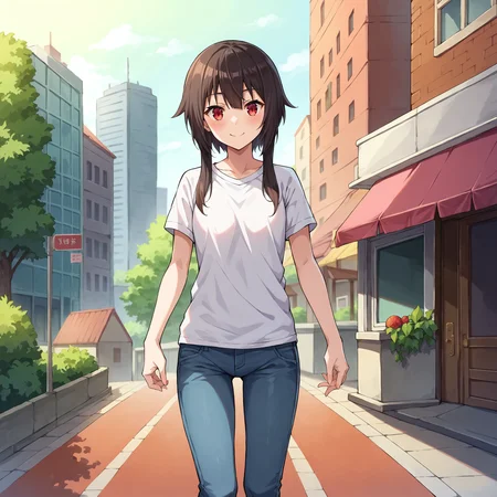 score_9, score_8_up, score_7_up, score_6_up, score_5_up, score_4_up, BREAK source_anime,POV,city,outdoor,smile,standing,<lora:Megumin_V1:0.8>megumin, short hair, black hair, red eyes, side locks, long locks,,white t-shirt,short sleeves,jeans,denim
