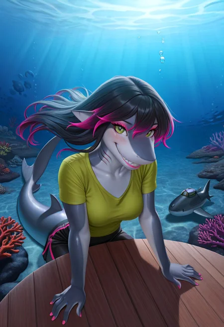 masterpiece, best quality, amazing quality, very aesthetic, high resolution, ultra-detailed, absurdres, newest, scenery, furry, anthro Shark, blushed, blush, blushing, detailed background, detailed hair, depth of field, slick glossy skin, photorealistic details, photorealistic , volumetric lighting, grin, sharp teeth, black hair, pink highlights, green highlights, smooth hair, silky hair, straight hair, thick eyelashes, pink eyeshadow, green eyes, fins, pink lips, Detailed face, detailed eyes, petite body, petite, suggestive smile, gills on neck, shiny hair, glossy hair, shark tail, fingernails, pink nail polish, medium breasts, shark ears, looking at viewer, cinematic lighting, dynamic lighting, t-shirt, miniskirt, sitting behind table, hands on table, date, on date, dating, sitting, sit, ((underwater, air bubbles, air bubble, floating hair, underwater cafe, underwater effect, water refraction, light ripples, water light ripples, underwater light patterns, dappled light, underwater light, completely submerged, submerfed cafe)), round cafe table, deep underwater, (ocean floor, underwater, deep sea, ocean depths, marine life, submarine landscape, coral reef, sea bed, abyss, underwater world, deep ocean, ocean trench, subaquatic, undersea, underwater scenery, sea floor, aquatic ecosystem), sit, sitting, sits behind table