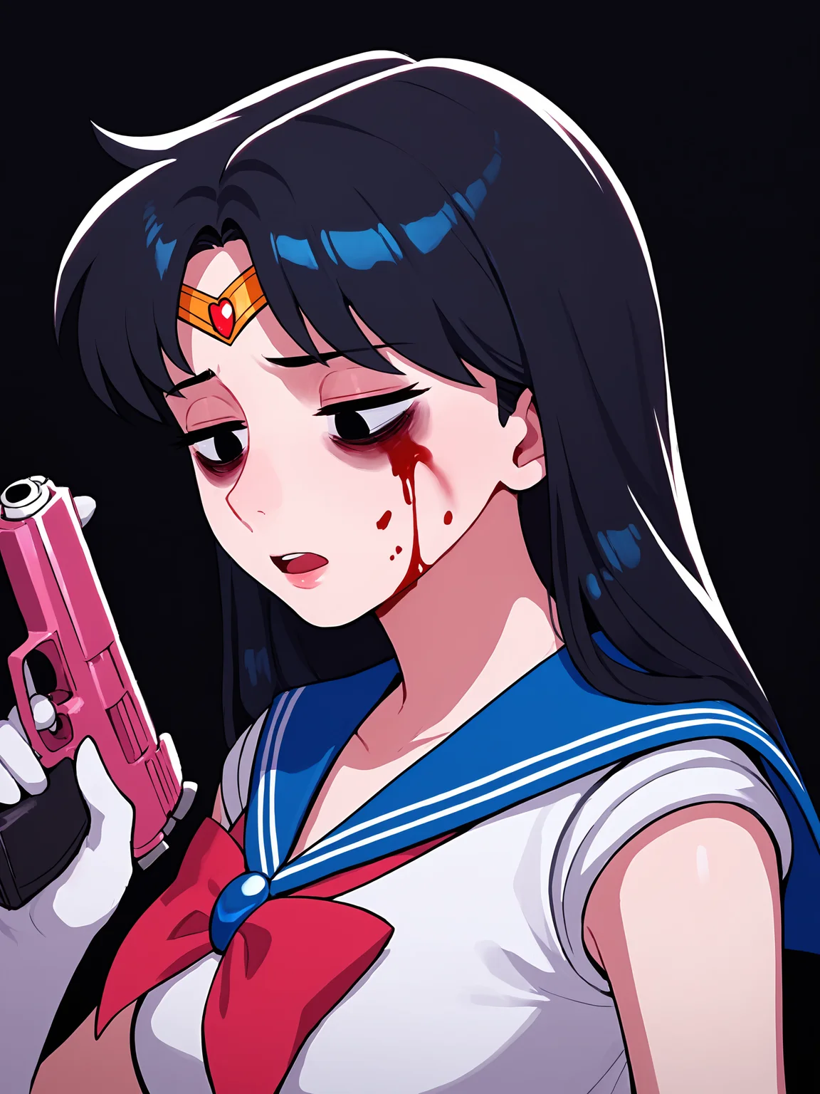 score_9, score_8_up, score_7_up, score_6_up, score_5_up, score_4_up, rating_safe
BREAK
sailor mars, circlet, black hair, black eyes, looking away, tired, half-closed eyes, bags under eyes, sigh, open mouth, looking down, blood on face, blood splatter,
BREAK
solo, portrait, magical girl, red serafuku, from side, holding gun, handgun, blood on weapon,
BREAK
black background, <lora:Lunas-5t-Artist-SDXL-A1:1>