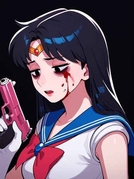 score_9, score_8_up, score_7_up, score_6_up, score_5_up, score_4_up, rating_safe
BREAK
sailor mars, circlet, black hair, black eyes, looking away, tired, half-closed eyes, bags under eyes, sigh, open mouth, looking down, blood on face, blood splatter,
BREAK
solo, portrait, magical girl, red serafuku, from side, holding gun, handgun, blood on weapon,
BREAK
black background, <lora:Lunas-5t-Artist-SDXL-A1:1>