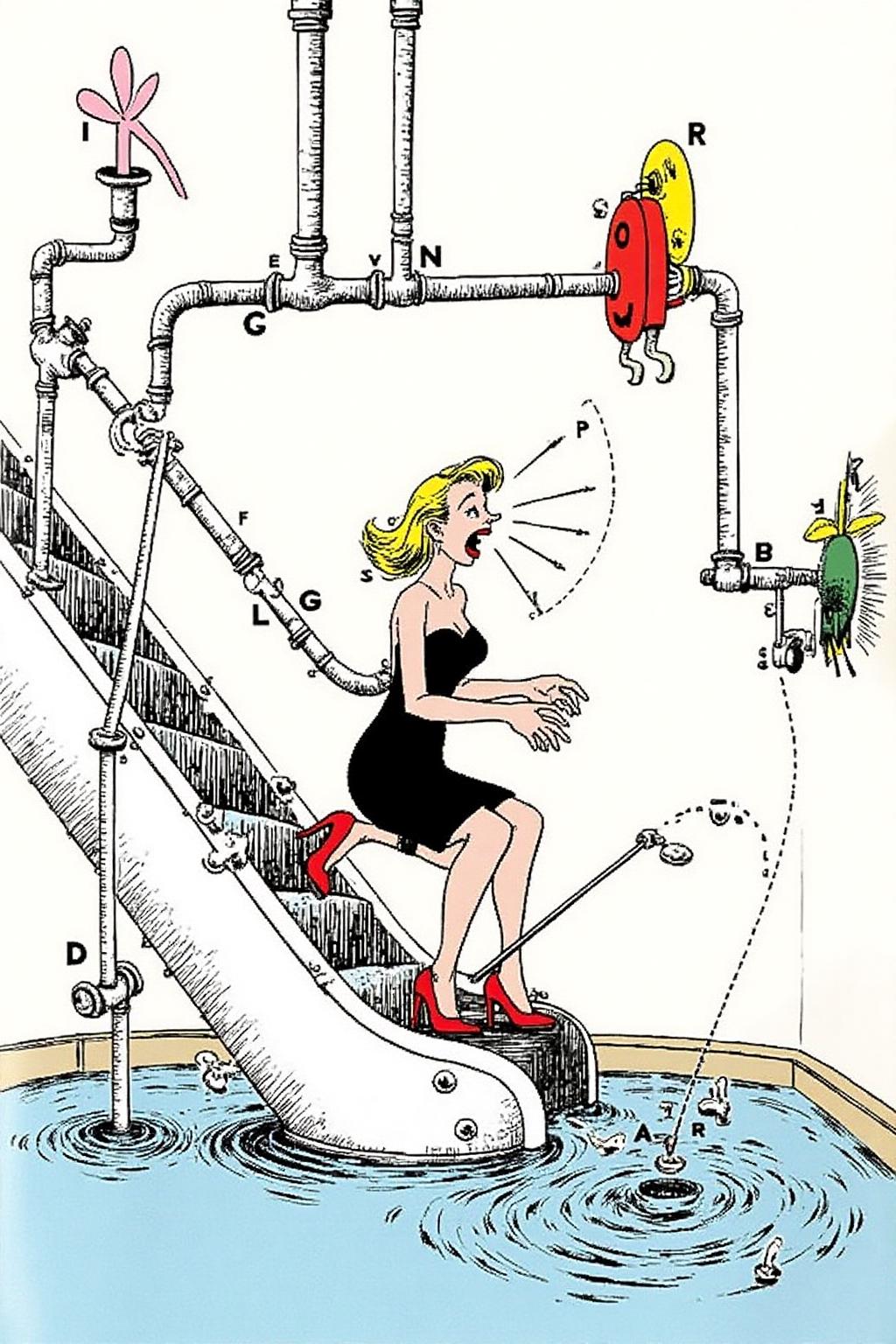 rugo1 illustration.
a woman in a chic little black dress and vibrant red high heels, gracefully descending an escalator. She wears black lipstick and is screaming. Her attire exudes elegance and sophistication, with the red heels providing a bold pop of color against the classic black dress. The escalator itself, a contraption made of pipes and conveyer belts, leads downwards into an unexpected and dreamlike destination -- pool of rippling water. The water is blue and ripples as the escalator's steps disappear beneath the surface. The woman's posture is poised and confident, as she seems unperturbed by the unusual surroundings. The overall atmosphere is a blend of high fashion and surreal fantasy, capturing a moment that is both elegant and otherworldly, <lora:rugo1_cap_d6a3e11:1.0><lora:828834499778536029:0>