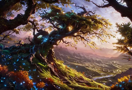 score_9, score_8_up, score_7_up, An incredible giant golden tree, (branches:1.2) (connecting:1.2) the (universe:1.2),(falling_leaves:1.2), (glowing_leaves:1.1）, fantasy, mythology, night, 
(elden_ring:1.2),(yggdrasill:1.2),sunlight,(dark_souls_style:1.2), (no_humans:1.2), glowing door at the  roots, tangled, massive, landscape,
8K Ultra HD, high detailed, intricate, elegant, highly detailed, artstation, concept art,smooth, illustration, high quality, concept art, realistic, golden, vibrant tree, modern city in the distance, skyscrapers in the background, lonely tree, forest, hill, flowers, light and shadows by reij-shdwgms city lights, gleaming doorway at the roots, golden glowing door under the tree,