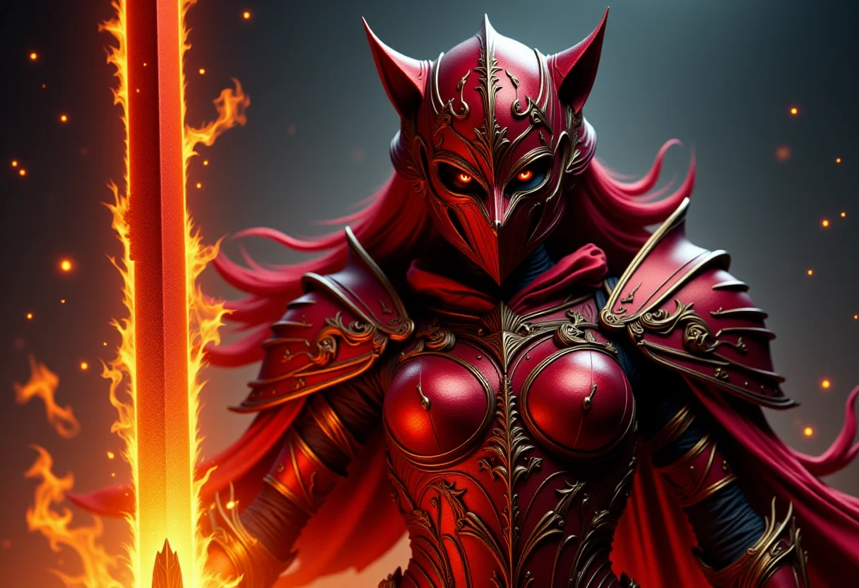 a brooding and menacing female flux_dk in full red metal armor with a red metal wolf helmet covering her face, with gold etchings, in a dynamic pose, holding a fantasy flaming sword <lora:ImageUpgraderV2:0.5> <lora:Dark_Knights_Flux-000001:1>