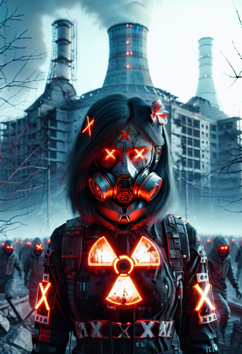 4D render, Chernobyl disaster, nuclear , Russia, Apocalypse,girl, detailed face, portrait, glowing x, minimalist outfit, anti social , ,cyberpunkartstyle,ruined ancient city,Professional styling, intricate details,8k post production, faithful, Religious denomination,