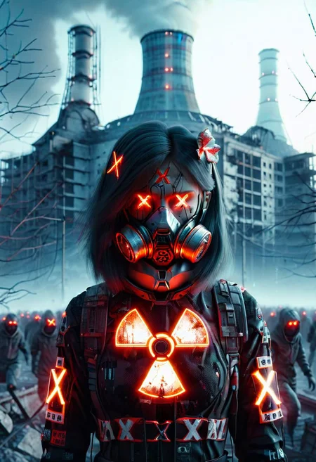4D render, Chernobyl disaster, nuclear , Russia, Apocalypse,girl, detailed face, portrait, glowing x, minimalist outfit, anti social , ,cyberpunkartstyle,ruined ancient city,Professional styling, intricate details,8k post production, faithful, Religious denomination,