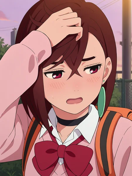 <lora:Momo_Ayase:0.8>, momo_ayase, 1girl, solo, short brown hair, red eyes, green earrings, black choker, pink sweater, red necktie, white collared shirt, upper body, embarrassed, uneasy, blush, half-closed eyes, open mouth, standing, hand on hair, adjusting hair, embarrassed pose, looking away, outdoors, evening lighting, orange backpack