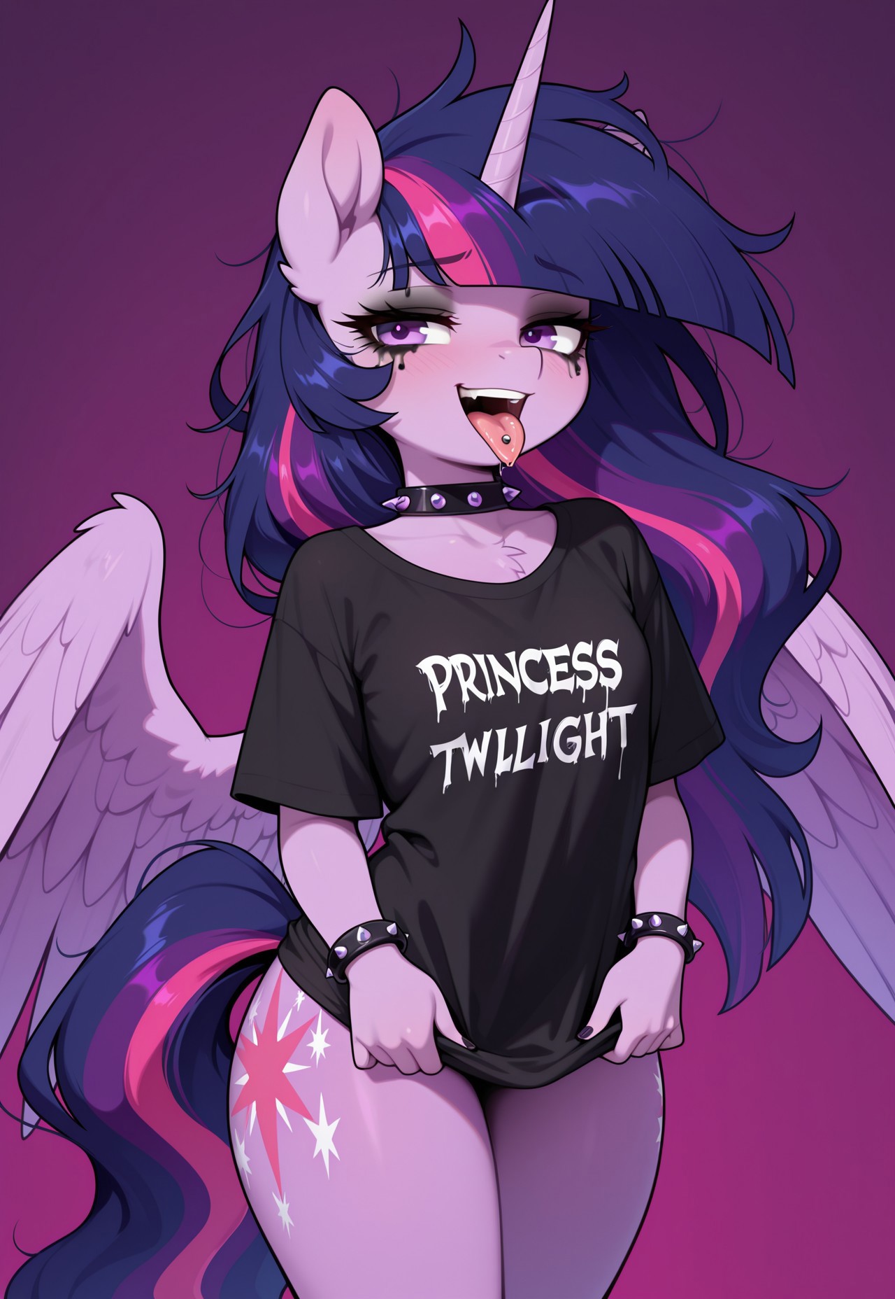 masterpiece, best quality, amazing quality, very aesthetic, absurdres, newest, solo. pony, mare, princess twilight 2, horn, wings, purple eyes, dark purple hair, long hair, tounge_out, spread_wings, simple_background, braclet_on_hoof, bracelet with spikes, tounge_piercing, wearing_t-shirt, t-shirt_folds, hair color stripes, black_color_stripes, messy_hair, black_lipstick, hoof_near_face, black_makeup, (text_on_shirt "princess-twilight")