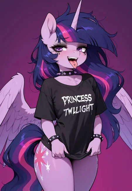 masterpiece, best quality, amazing quality, very aesthetic, absurdres, newest, solo. pony, mare, princess twilight 2, horn, wings, purple eyes, dark purple hair, long hair, tounge_out, spread_wings, simple_background, braclet_on_hoof, bracelet with spikes, tounge_piercing, wearing_t-shirt, t-shirt_folds, hair color stripes, black_color_stripes, messy_hair, black_lipstick, hoof_near_face, black_makeup, (text_on_shirt "princess-twilight")