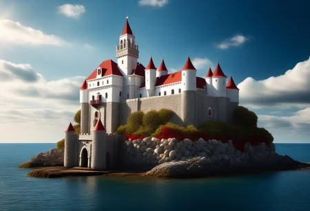 a (white stonework castle with red roofs) on a (rock spire) in a bay, (stone pier, Mole, Jetty), battlement, crenellations, Machicolations, rough sea, blue sky, clouds, sun beams, best quality, high Contrast, masterpiece, realistic, photo-realistic, amazing, finely detail, ultra-detailed, highres, extremely detailed, 8k wallpaper, wizz style