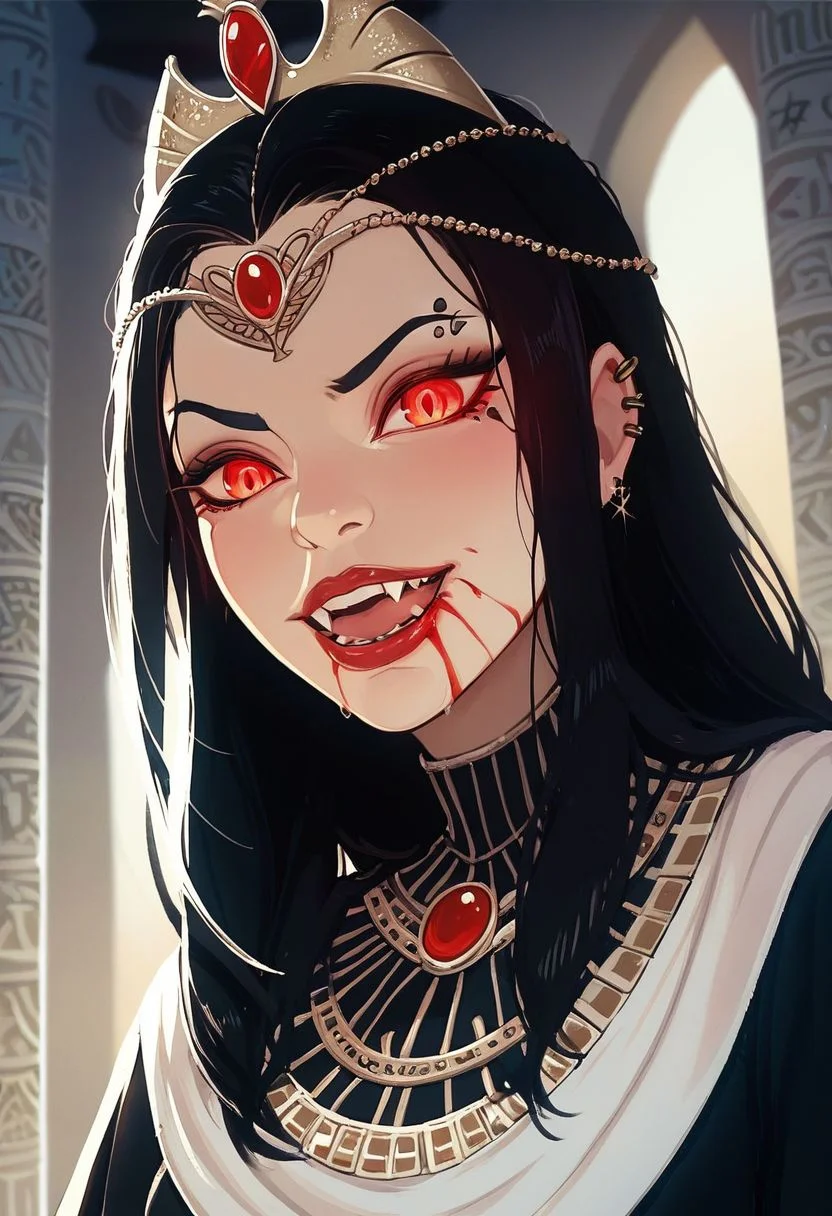 Score_9, Score_8_Upper, Score_8_Upper, Score_8_Upper, Score_8, solo, 1girl, anime, perfect face, bloody mouth, vampire sorceress, pale skin, black hair, black brows, scarlet eyes, piercing gaze, glowing eyes, decorated robes, golden jewelry, black gothic full robes, stitch marks, stitched skin, ghastly pale skin, egyptian royal crown, cracked skin, bloody skin,
night sky, egyptian temple background, large fangs, casting a blood spell,