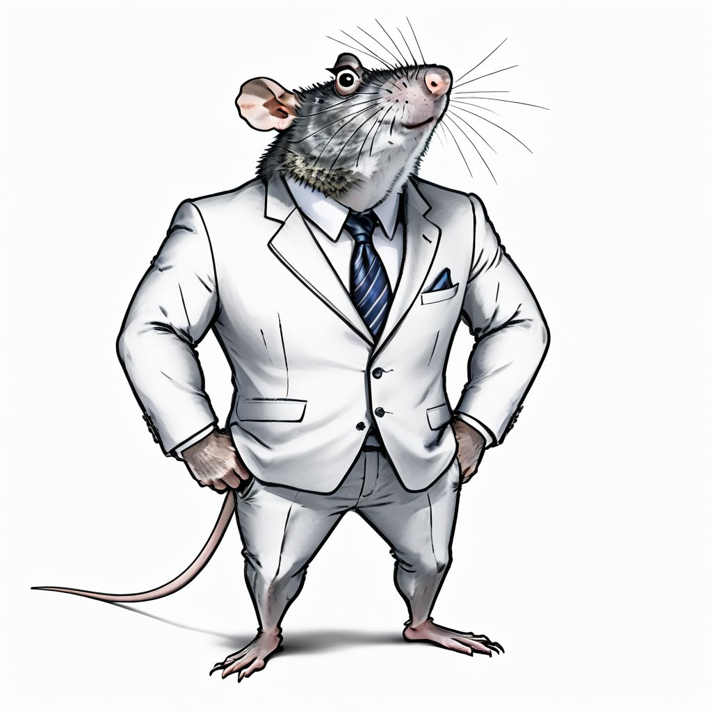 (roided randal:1.3), full body, smokling, tie, white background, anthropomorphic rat