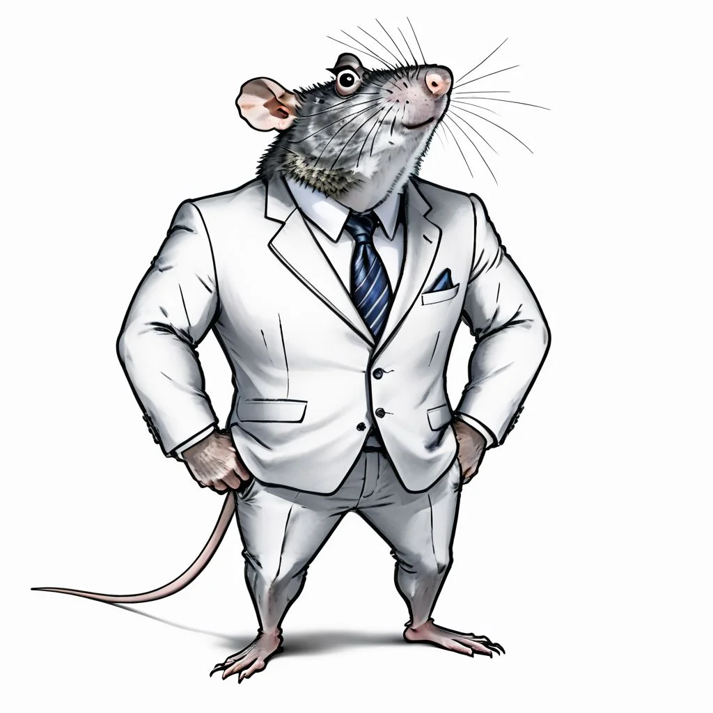 (roided randal:1.3), full body, smokling, tie, white background, anthropomorphic rat