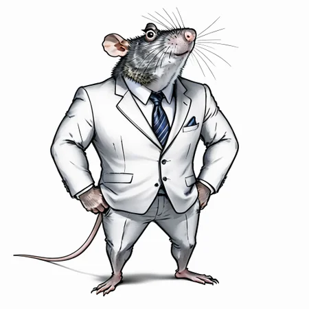 (roided randal:1.3), full body, smokling, tie, white background, anthropomorphic rat