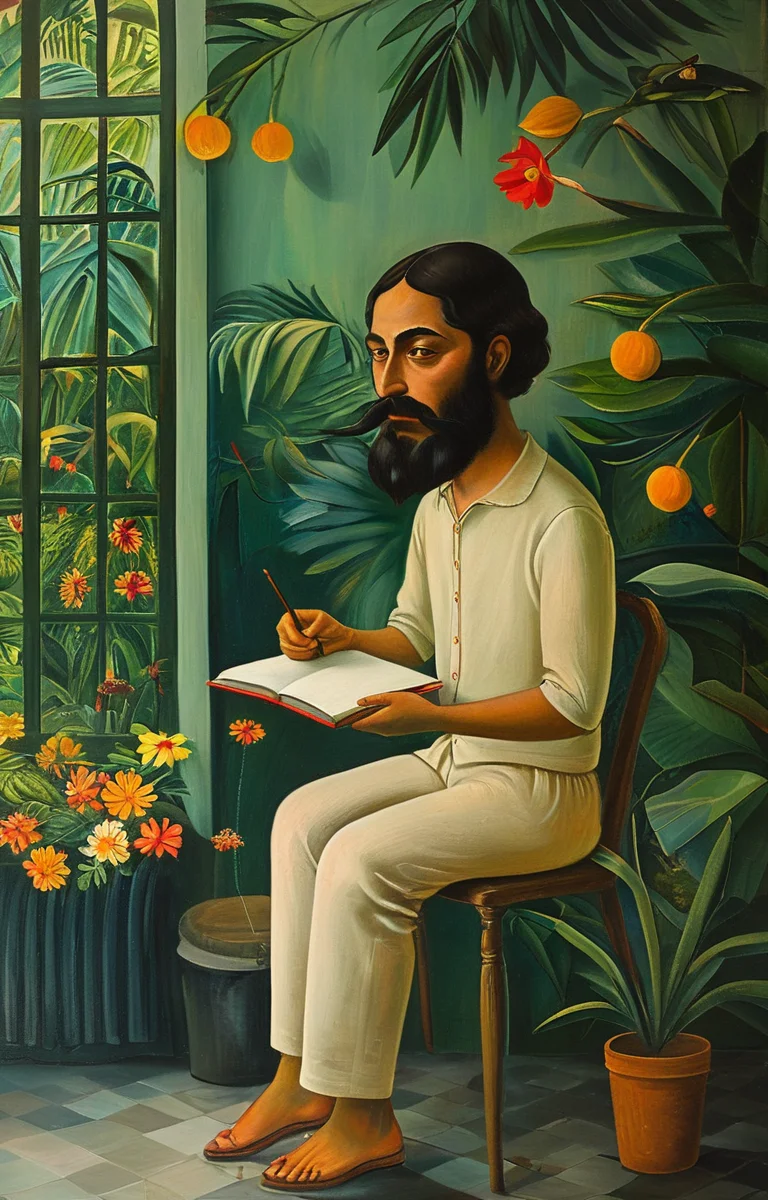 masterpiece,best quality,<lora:tbh128-sdxl:0.9>,A child is doing homework,oil painting,style of Henri Rousseau,