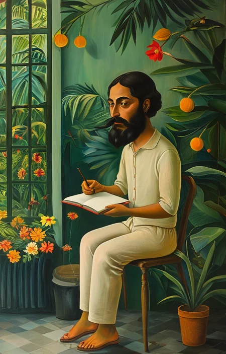 masterpiece,best quality,<lora:tbh128-sdxl:0.9>,A child is doing homework,oil painting,style of Henri Rousseau,
