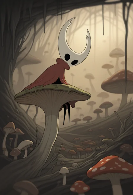 W411, masterpiece, best quality, solo, hollow knight, white horns, black body, red attire, perched upon a mushroom, victorian background, backlighting, fungal caves, spores, moss, mushrooms