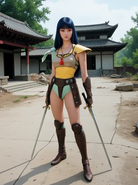 score_9, score_8_up, score_7_up, realistic, background is green sky, asian temple, wasteland, <lora:Lady_Kayura:.8>, ladykayura, kayura, ronin warriors, full body, 1girl, retro, blue hair, 1980s (style), bangs, long hair, blue eyes, portrait, makeup, armor, shoulder armor, gloves, swords, japanese, asian, monolid:1.2, dual wielding, knees,