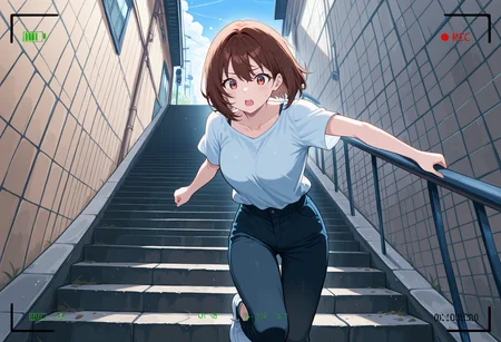 1girl, brown hair, bob, casual wear,
outdoor, running down stairs, dynamic angle, day time,
cam3rafram3, black frame, REC symbol, timestamp, battery icon, HUD overlay, focus markers,
masterpiece, best quality, absurdres, newest, perfect quality, detailed background, intricate details, great lighting