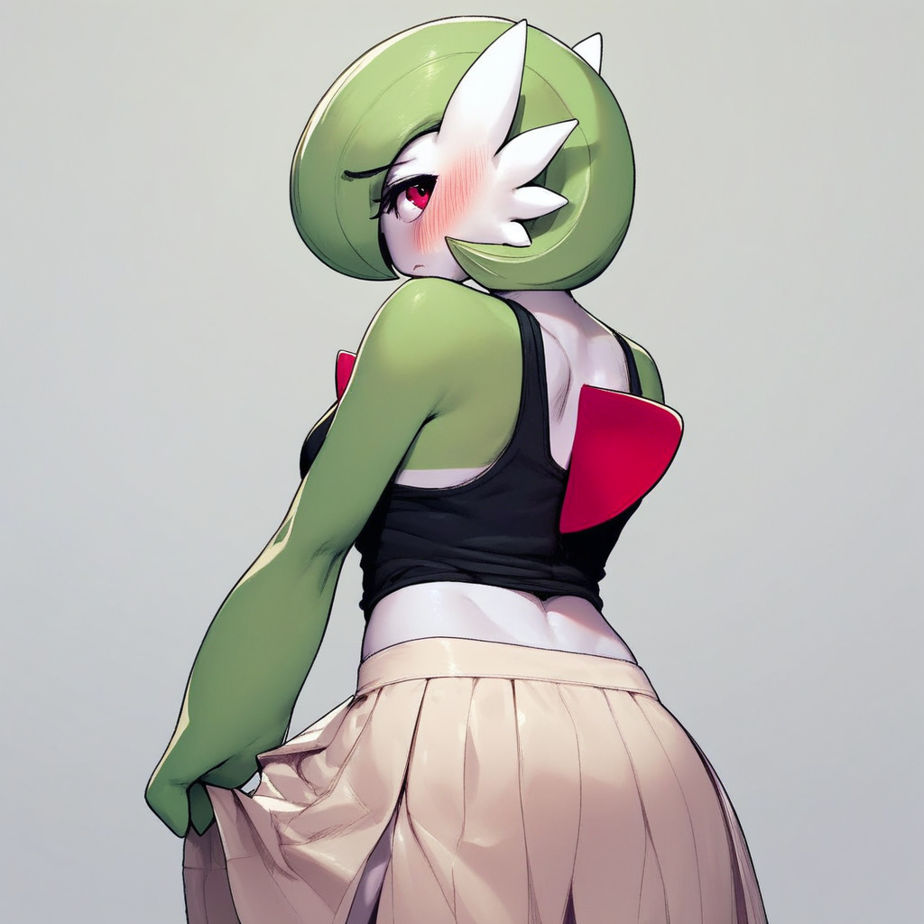 score_9, score_8_up, score_7_up, anthro, pokemon, gardevoir, skirt, tank top, back view, looking back, shy, blushing, score0, score0_gyno, score0_pose