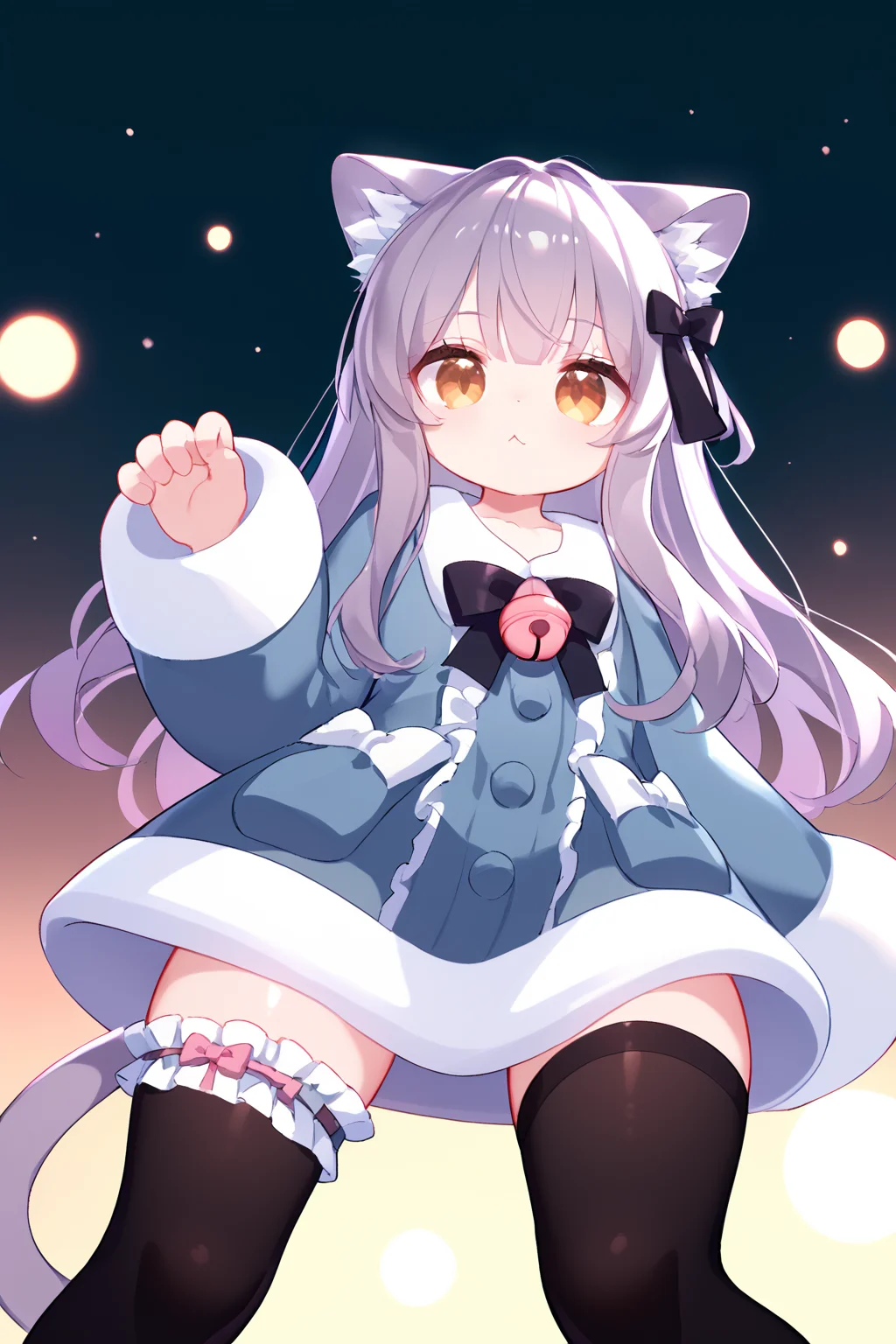 (score_9,score_8_up,score_7_up), shiny skin, 1girl, <lora:Milk_PonyXL_v1:1>, cat ears, animal ear fluff, long hair, light purple hair, hair bow, pom pom, brown eyes, cat tail,                  frills, dress, fur-trimmed dress, bow, pink bell, long sleeves, paw print, black thighhighs, bridal garter,