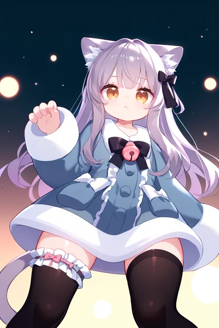(score_9,score_8_up,score_7_up), shiny skin, 1girl, <lora:Milk_PonyXL_v1:1>, cat ears, animal ear fluff, long hair, light purple hair, hair bow, pom pom, brown eyes, cat tail,                  frills, dress, fur-trimmed dress, bow, pink bell, long sleeves, paw print, black thighhighs, bridal garter,
