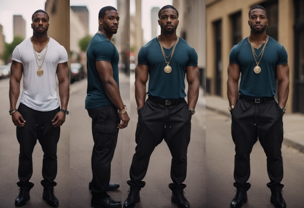 cinematic film still multiple views, a black man, pants, street urban, necklace, jewelry, big watch, t-shirt, standing,
 <lora:MultipleViewsXL:1>, , <lora:FILM_PHOTOGRAPHY_STYLE:0.25> . shallow depth of field, vignette, highly detailed, high budget, bokeh, cinemascope, moody, epic, gorgeous, film grain, grainy