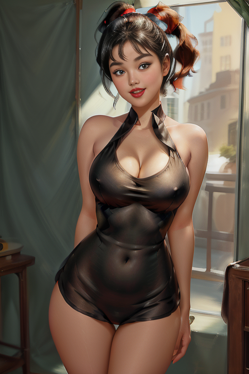 masterpiece,best quality,ultra_detailed,perfect eyes, perfect face, perfect mouth, perfect body,perfect curves,amazing body,<lora:PinupGirl:1>xpinupx, 1girl, smile, (rosacea:1.2), side ponytail,  lipstick, black hair