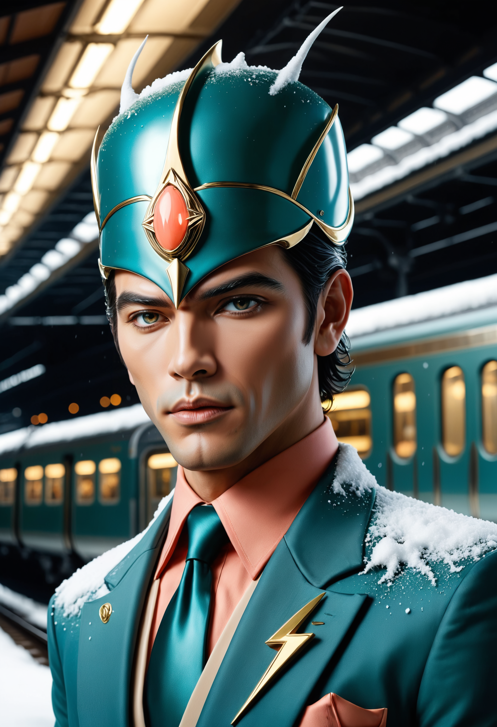 designed by Glen Orbik, Hajime Sorayama,close up of a (dark fantasy scene:1.1) , wearing Warlock Teal, Coral and Beige garb, Masculine Pose, background is Train station, Snowy, in focus, Ultra Detailed, Fast Shutter Speed, Fujicolor C200, F/1.8
<lora:dvr-bzz:0.8> dvr-bzz