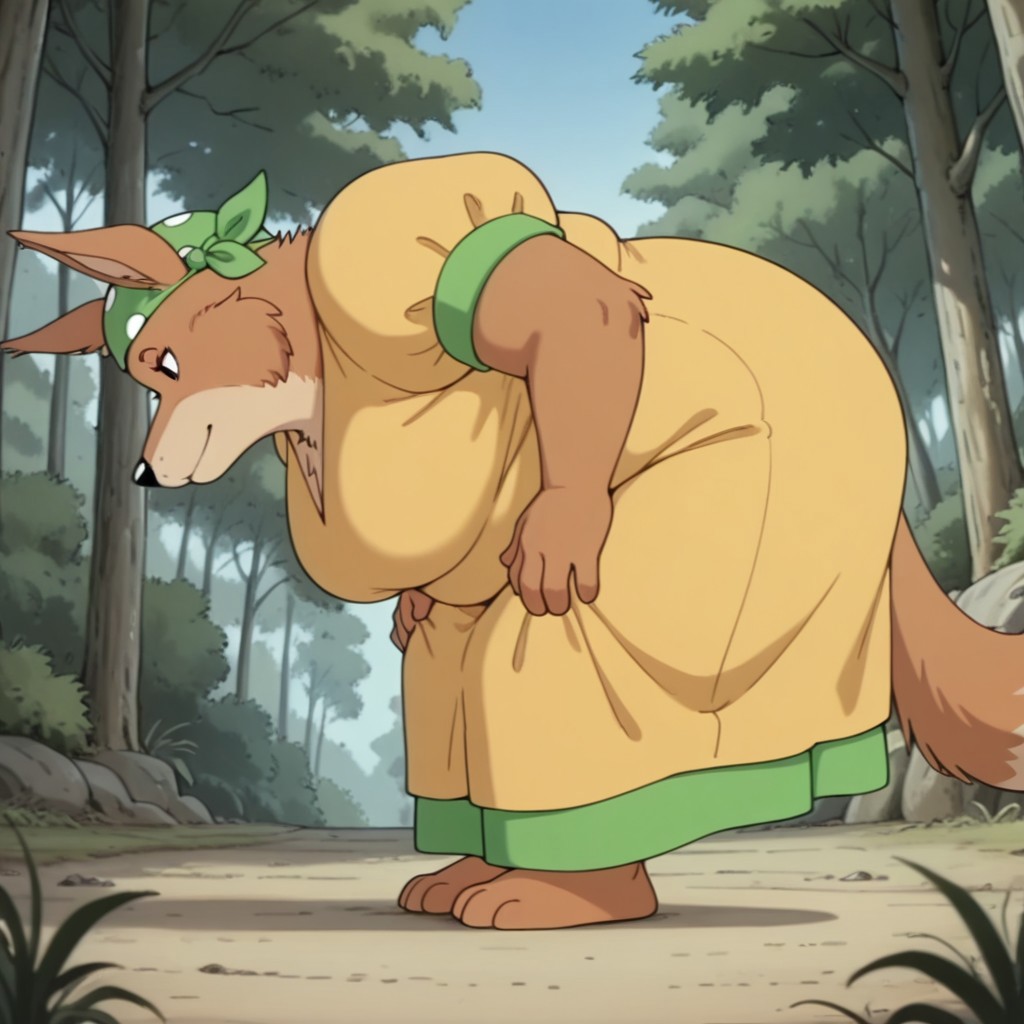 masterpiece, best quality, amazing quality, madingoil, semi-anthro, female, dingo, brown fur, black eyes, tail, yellow dress, green trim, green bandana, white dots,, forest, 1girl, fat