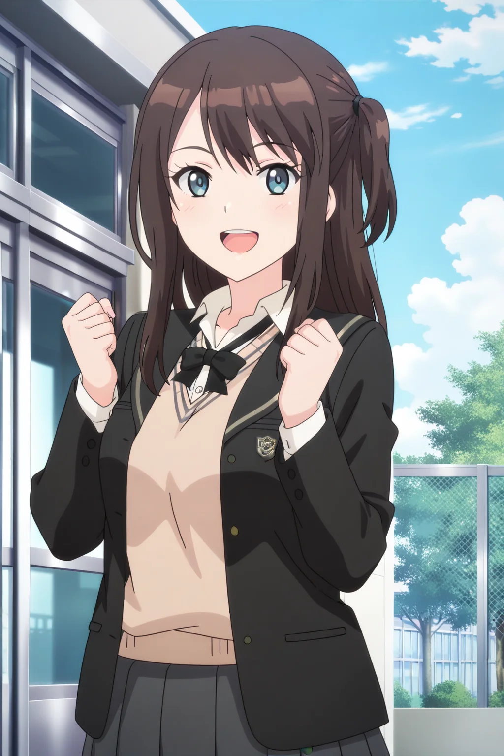 anime screenshot, tsuneki hikari, 1girl, solo, brown hair, long hair, one side up, blue eyes, medium breasts, school uniform, kibito high school uniform, black jacket, open jacket, brown sweater vest, white shirt, collared shirt, long sleeves, black bowtie, grey skirt, pleated skirt, looking at viewer, smile, open mouth, hands up, clenched hands, cowboy shot, outdoors, masterpiece, best quality, high quality, highres, absurdres, <lora: tsuneki_hikari_ILXL:0.9>
