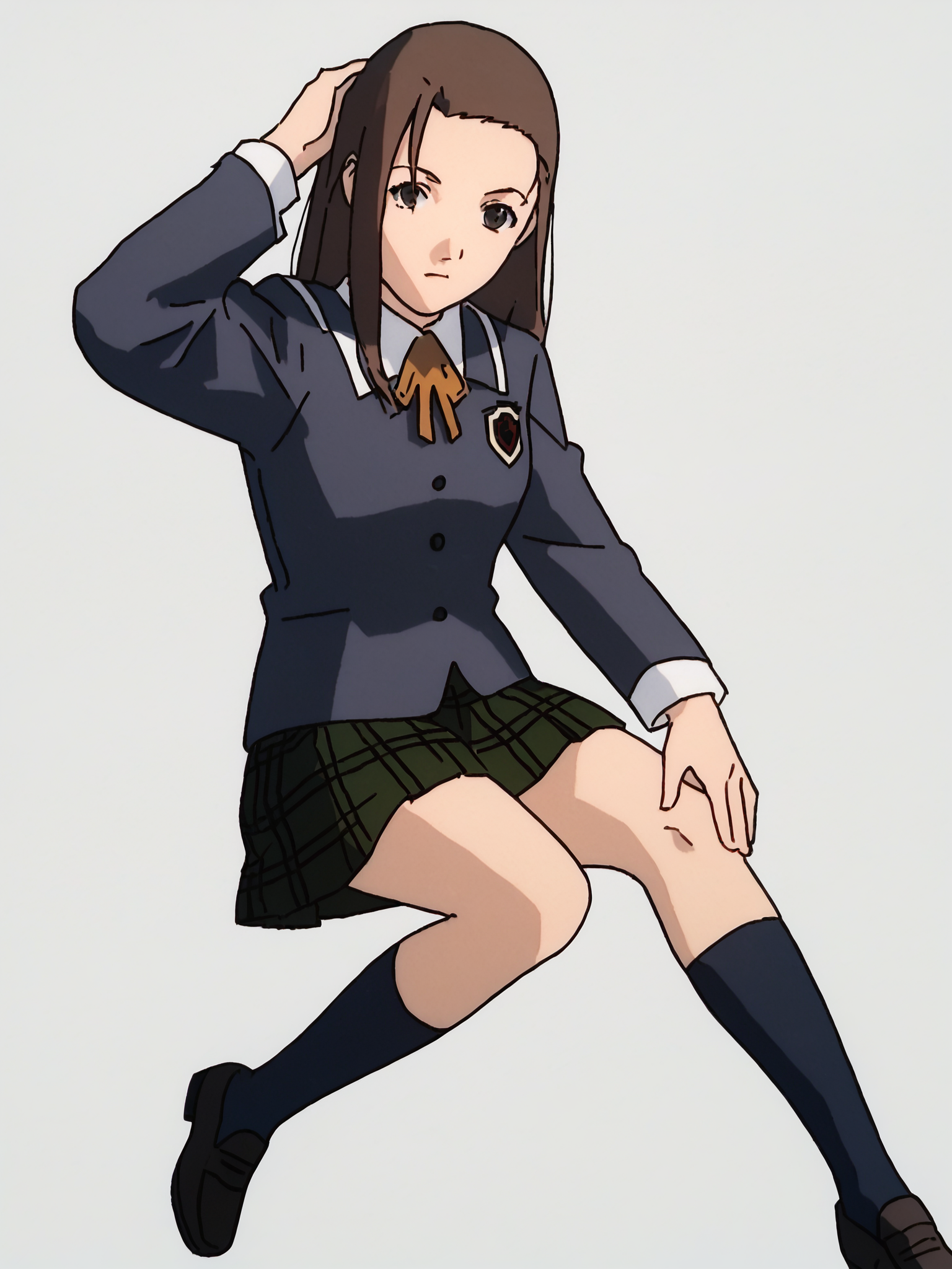 score_7_up, score_8_up, score_9, masterpiece, perfect hands, high quality, white background, 1girl, solo, <lora:Iwakura_Mika_PDXLv0-e40:0.8> iwakura_mika_\(school\), school uniform, neck ribbon, green plaid skirt, black kneehighs, brown loafers, hand on own head,