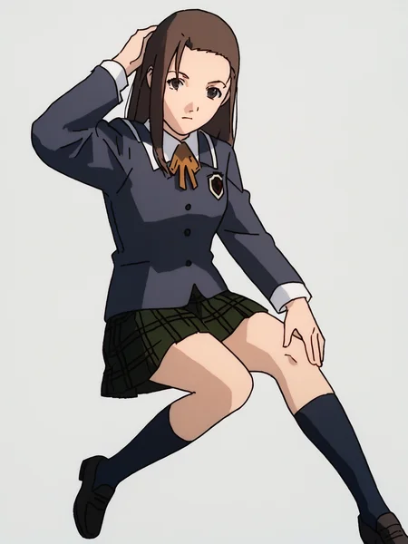 score_7_up, score_8_up, score_9, masterpiece, perfect hands, high quality, white background, 1girl, solo, <lora:Iwakura_Mika_PDXLv0-e40:0.8> iwakura_mika_\(school\), school uniform, neck ribbon, green plaid skirt, black kneehighs, brown loafers, hand on own head,