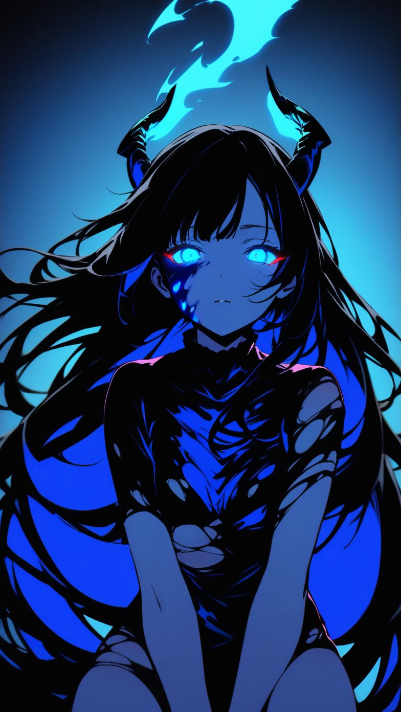 masterpiece, best quality,   1girl, older woman , small breast   , between the legs, dragon girl, (dragon horns:1.2), flowing hair,  clear blue eyes , (glowing eyes:1.4), torn clothes, black hair, very long hair ,bangs , (burn injury glowing blue on her face:0.85), blue flaming eye, made of ([blue and black]:1.3) colors, high contrast, high saturated, vivid deep blacks, (glowing flying blue ember on the background:1.3), (simple background:0.85), blurry background