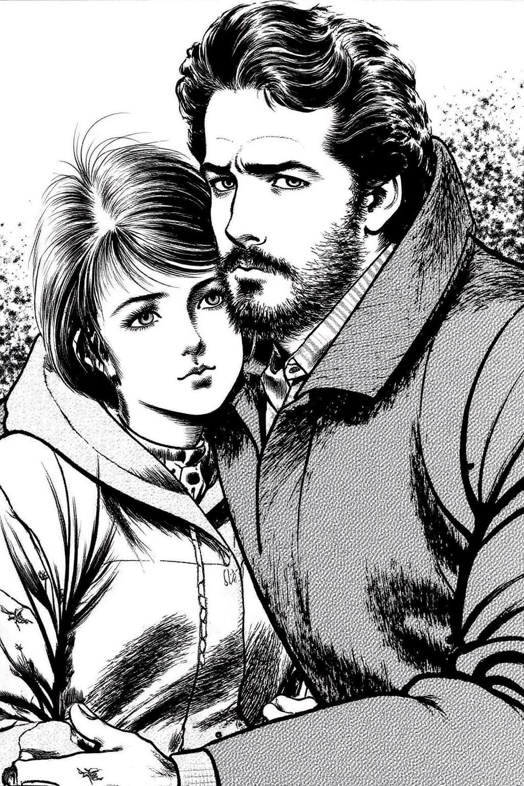 1keryo illustration.
A tender moment between a man and a young woman, seated closely together. The man is holding the young woman tightly around her shoulder. The man, on the right, has a rugged, bearded face with a stern expression. He has short, curly hair and is dressed in a heavy, textured coat, suggesting a cold environment. The young woman, on the left, has a bob cut. <lora:1keryo1_cap_d6a3e12:1.0><lora:826543495503317923:0>