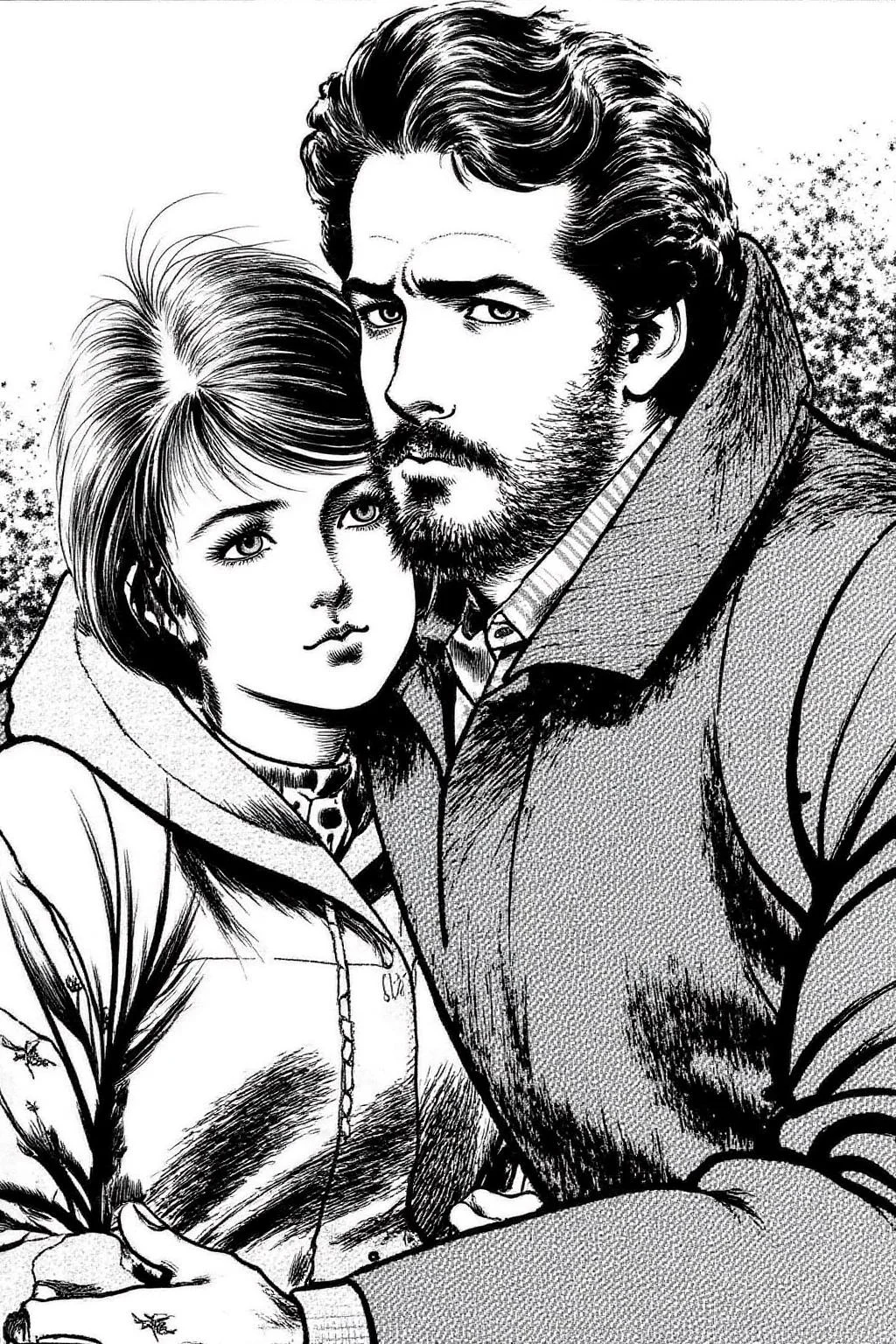 1keryo illustration.
A tender moment between a man and a young woman, seated closely together. The man is holding the young woman tightly around her shoulder. The man, on the right, has a rugged, bearded face with a stern expression. He has short, curly hair and is dressed in a heavy, textured coat, suggesting a cold environment. The young woman, on the left, has a bob cut. <lora:1keryo1_cap_d6a3e12:1.0><lora:826543495503317923:0>