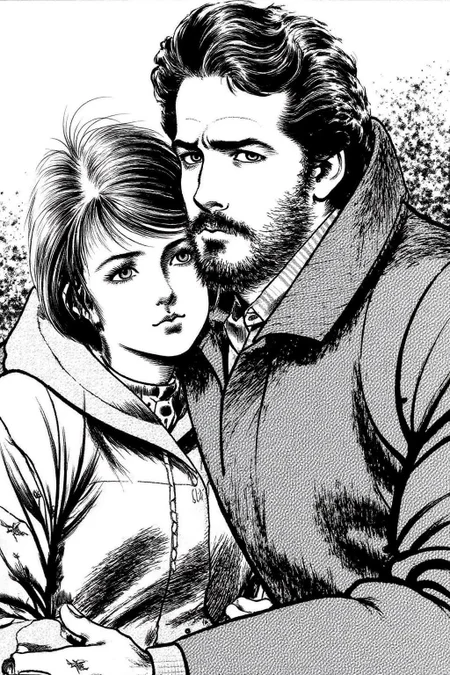 1keryo illustration.
A tender moment between a man and a young woman, seated closely together. The man is holding the young woman tightly around her shoulder. The man, on the right, has a rugged, bearded face with a stern expression. He has short, curly hair and is dressed in a heavy, textured coat, suggesting a cold environment. The young woman, on the left, has a bob cut. <lora:1keryo1_cap_d6a3e12:1.0><lora:826543495503317923:0>