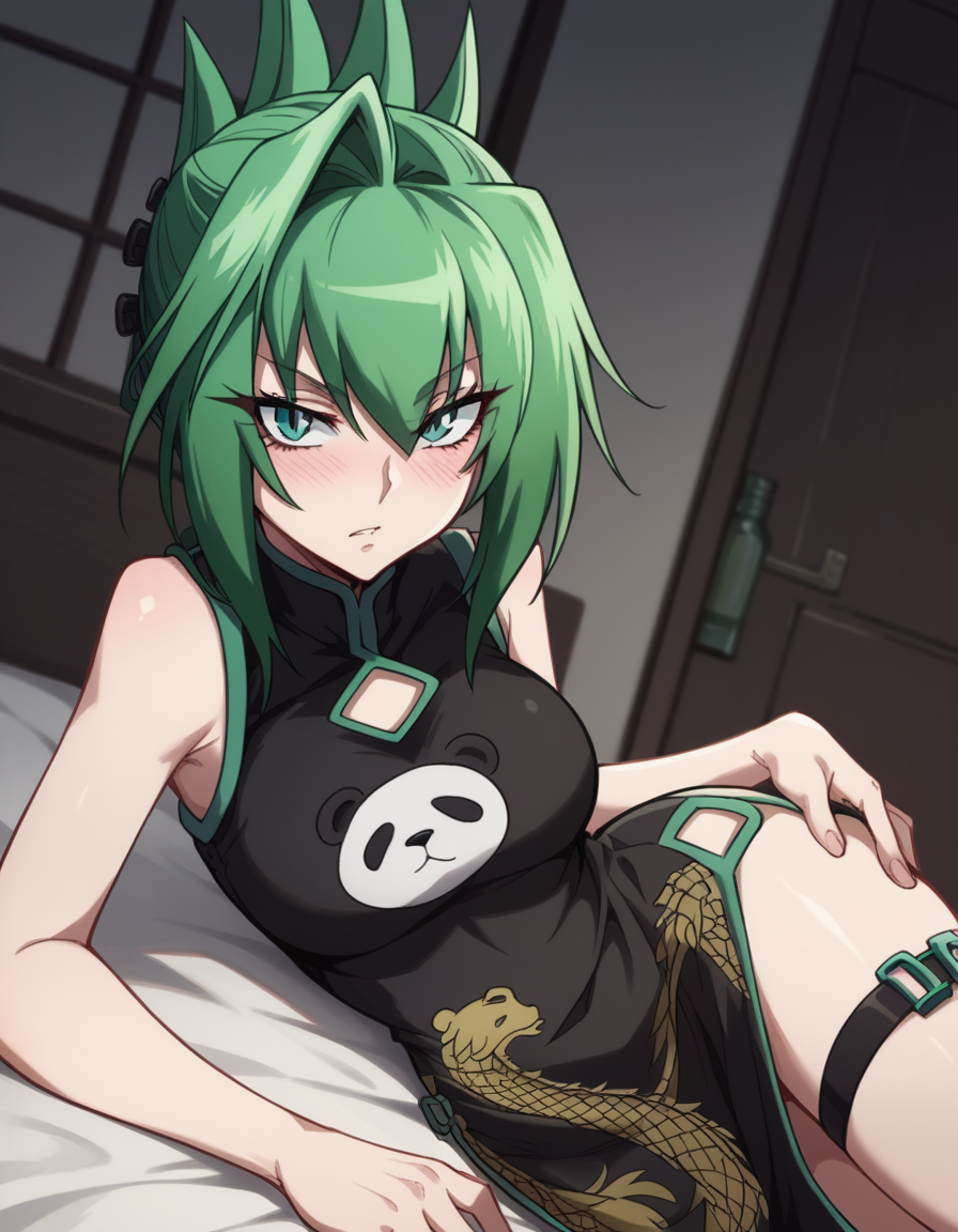 score_9, score_8_up, score_7_up, source_anime,
juntao, <lora:jun-tao-2021-s1-ponyxl-lora-nochekaiser:1>,
jun tao, green eyes, green hair, hair between eyes,
animal print, bear print, black dress, china dress, chinese clothes, dress, air, hip vent, panda print, side slit, sleeveless, sleeveless dress, thigh strap,
indoors, bed, bed room, on side, blush, drunk,
looking at viewer, cowboy shot, solo, dutch angle