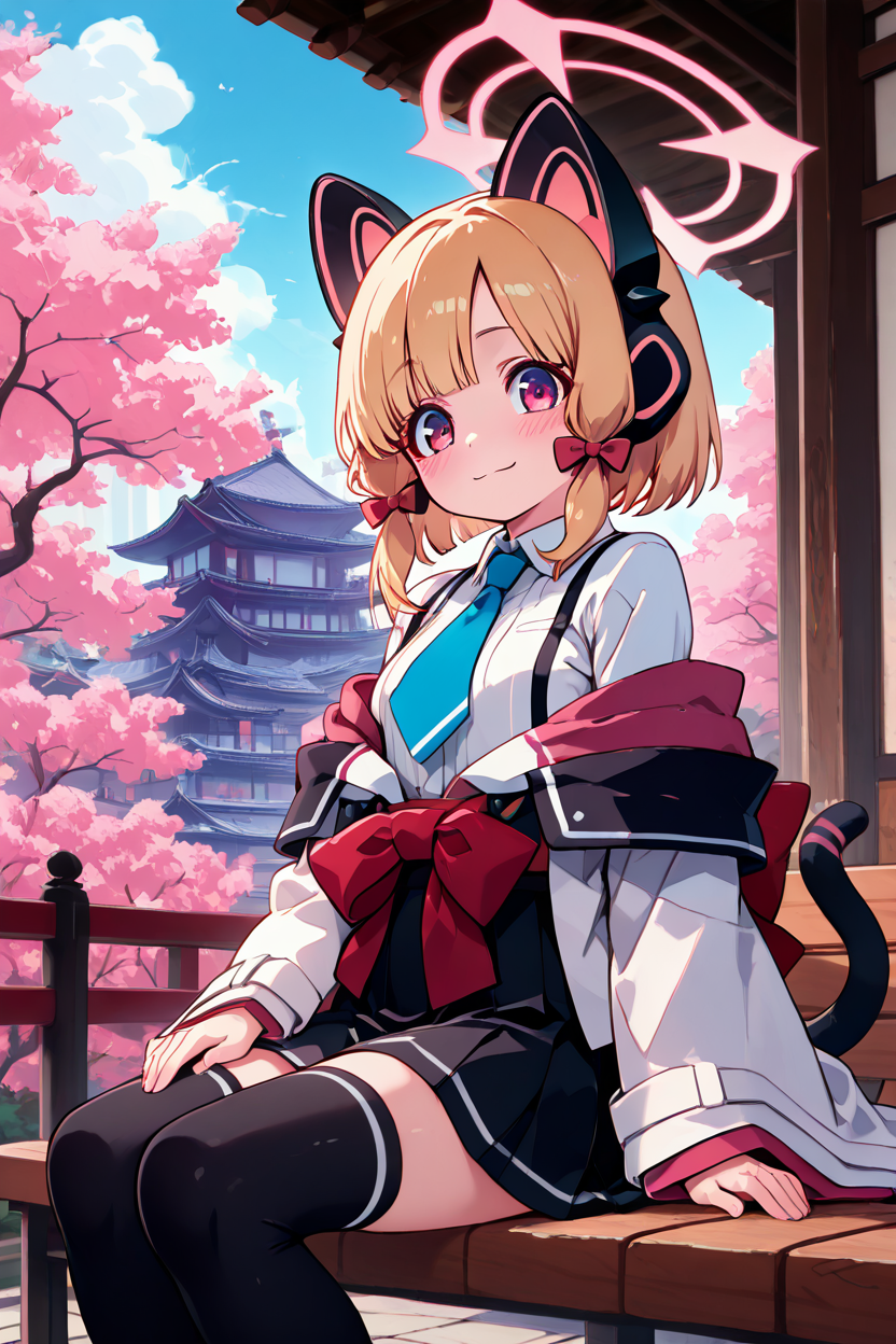masterpiece, best quality, 1girl, solo, 21 year old model, eyelashes, (beautiful eyes),     ,,, zzMomoi, blonde hair, animal ears, fake animal ears, animal ear headphones, headphones, short hair, bow, halo, cat ear headphones, hair bow, red bow, pink eyes, pink halo, tail, cat tail, red eyes, collared shirt, long sleeves, pleated skirt, white shirt, black skirt, blue necktie, white jacket, wide sleeves, black thighhighs, suspender skirt ,<lora:MomoiBlueArchiveIXL:1.0>,,,,sitting on bench, side view, looking at viewer solo, smile, pnkBldng, sky, day, cloud, tree, blue sky, building, architecture, east asian architecture,  <lora:PinkBuildingIXL_v2:1.0>, <lora:ZankuroIXLLight_v2:0.6>,
