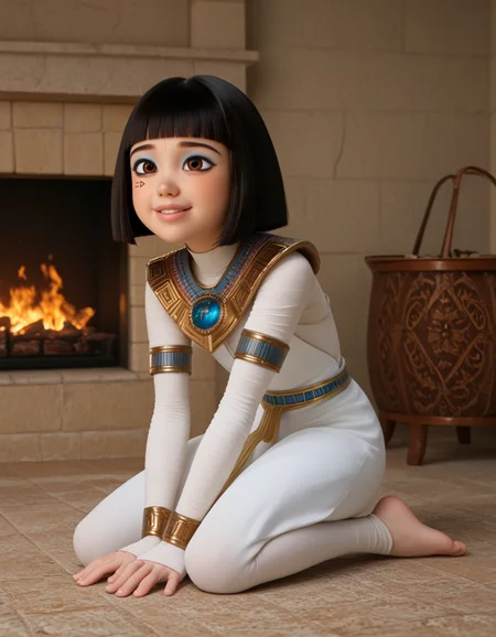 (score_9, score_8_up, score_7_up:1.3), BREAK 1girl, solo, (full body shot:1.2),
side view, indoors, (fireplace:1.4), (solo:1.4), (close to face:1.3), posing, shy smile, hands behind,
<lora:Mummies_2023_Nefer:1>m_nefer, short hair, egyptian, egyptian clothes, bob cut, black hair, blunt bangs, jewelry, facial mark, brown eyes, blue eyeshadow, slender, barefeet, intricate detailed, <lora:detailed_notrigger:0.1>,, <lora:StS_age_slider_v1_initial_release:-1.4>
<lora:DrJs_Classicism_and_Academicism_Expanded-000006:1>, traditional art,