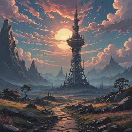 anime pixel art, landscape of a Sovngarde in the distance there is a Telecommunications tower, Neat, 35mm, studio anime ,8k, masterpiece, best quality, hyperrealistic, superrealistic, photorealistic, ultra sharp, 16 bit colors, highres,