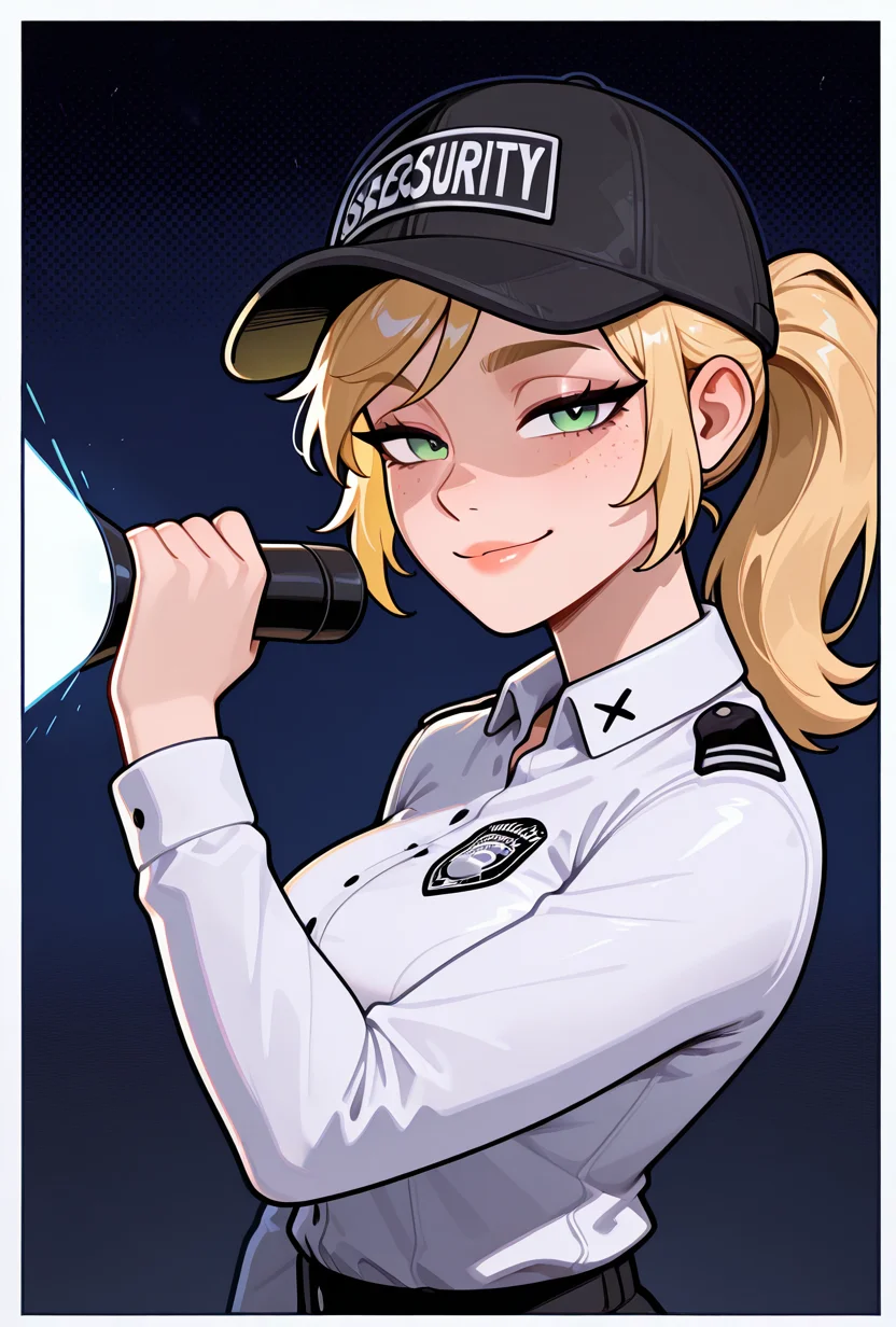 , <lora:vanessafnaf-09:1> vanessafnaf, 1girl, blonde hair, black baseball cap, solo, white shirt, ponytail, uniform, long hair, collared shirt, black pants, green eyes, long sleeves, lips, looking at viewer, smile, half closed eyes, pose, flashlight, masterpiece, best quality, amazing quality, very aesthetic, absurdres, newest,, upper body, halftone effect, white borders, abstract background:1.2,