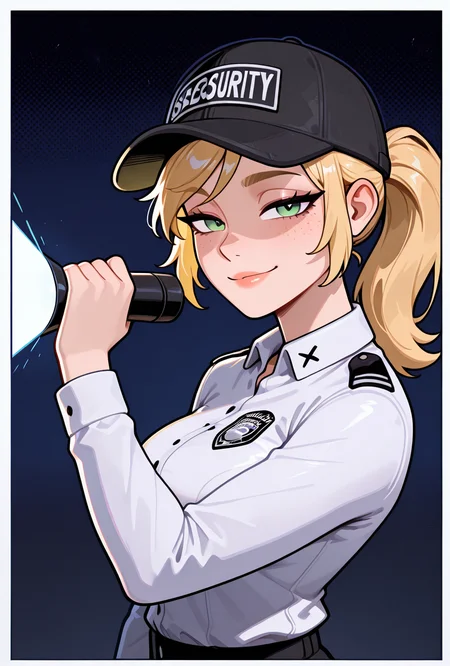 ,  <lora:vanessafnaf-09:1> vanessafnaf, 1girl, blonde hair, black baseball cap, solo, white shirt, ponytail, uniform, long hair, collared shirt, black pants, green eyes, long sleeves, lips, looking at viewer, smile, half closed eyes, pose, flashlight, masterpiece, best quality, amazing quality, very aesthetic, absurdres, newest,, upper body, halftone effect, white borders, abstract background:1.2,