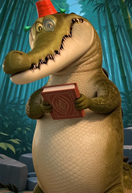Crocodile_Ambassador, crocodile, sharp teeth, jagged teeth, fangs, dark green scales, tan belly scales, monocle, fez, red fez, red fez with green string attached, yellow sclera, black pupils, small eyes, tail, thick tail, 1boy, holding objects, holding book, smile, looking at viewer, (masterwork, masterpiece), forest, jungle, bamboo, rocks