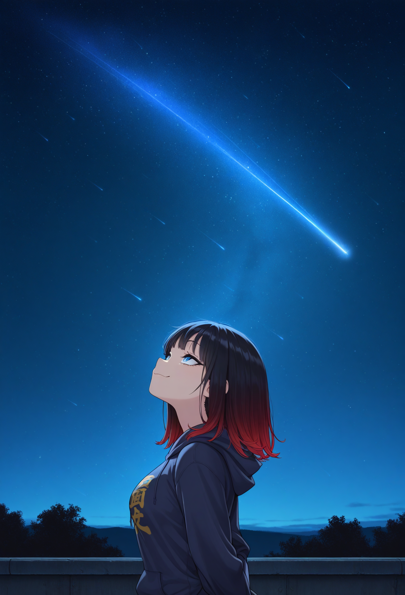 1girl, masterpiece, starry sky, night, bangs, scenery, medium hair, outdoors, from side, blue eyes, black hair, smug, delinquent, hoodie, gradient hair, red hair, slit pupils, breasts, arms behind back, looking up, shooting star, upper body,