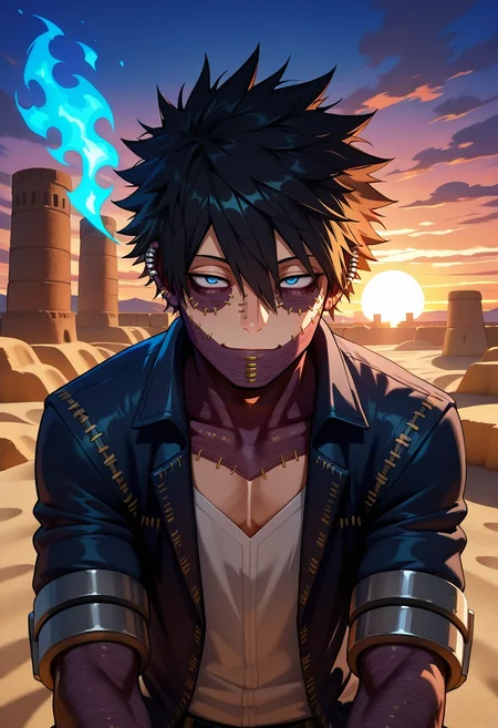 masterpiece, best quality, intricate details, (3d:0.4), , 1boy, solo, male focus, <lora:dabi_bnha_ilxl:1>, dabi_bnha, black hair, blue eyes, short hair, spiked hair, hair between eyes, messy hair, bangs, scar, burn scar, scar on face, piercing, ear piercing, stitches, blue fire, sand citadel, sandstone walls, heat towers, oasis rooms, guard pose, vigilant expression, sunset,