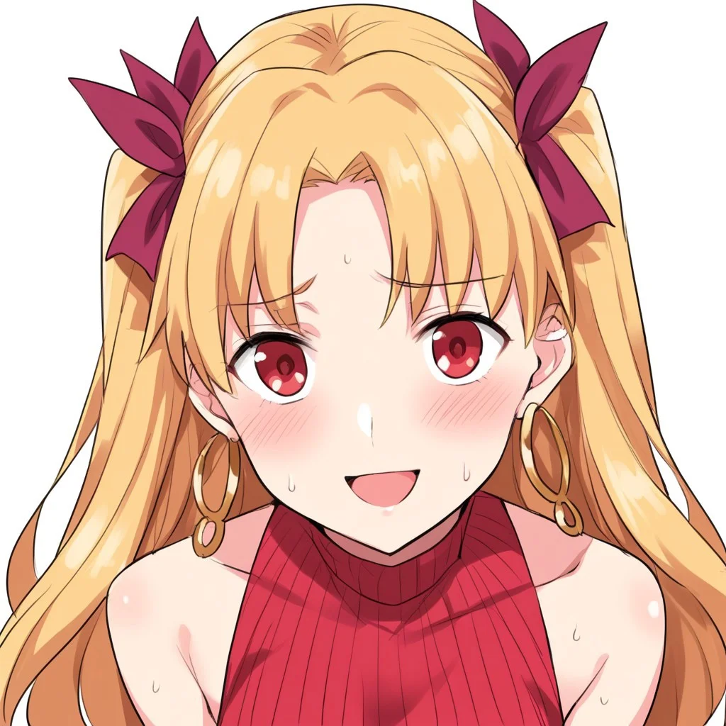ereshkigal (bitter sweet) (fate), ereshkigal (fate), fate/grand order, fate (series), 1girl, cute, kawaii, face focus, face close up, blonde hair, blush, earrings, hair ribbon, heart, hoop earrings, jewelry, long hair, looking at viewer, nervous, nervous smile, official alternate costume, open mouth, red eyes, red ribbon, red sweater, ribbon, simple background, sleeveless, sleeveless sweater, smile, solo, sweat, sweater, valentine, white background, from above, high angle, zPDXL3