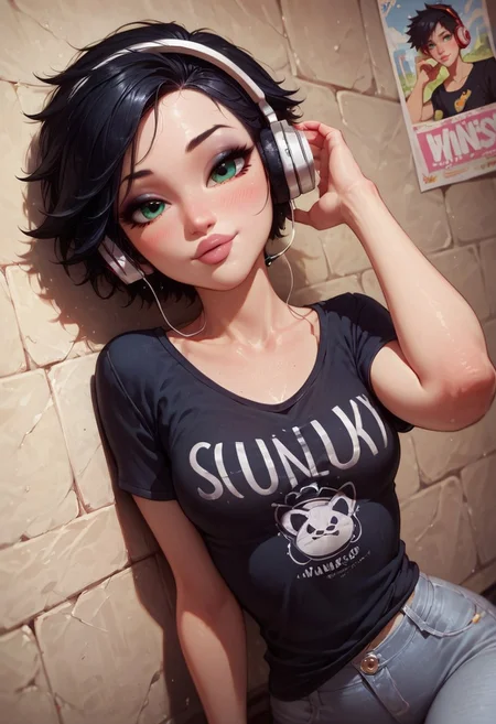 safe_pos, sexy 20 year old, tomboy, ((short black hair)), thick puffy lips, ((thick glossy lips)), soft makeup, long eyelashes, bold eyeliner, hourglass figure, small breast, ((black t-shirt)), ((grey jeans)), oily skin, flirty, feminine, seductive, alluring, slutty, ((flirting)), white skin, detailed eyes, ((big expressive green eyes)), score_9, score_8_up, score_8, anime, ((white wireless music headphones)), listening to music, leaning against wall, music posters, 