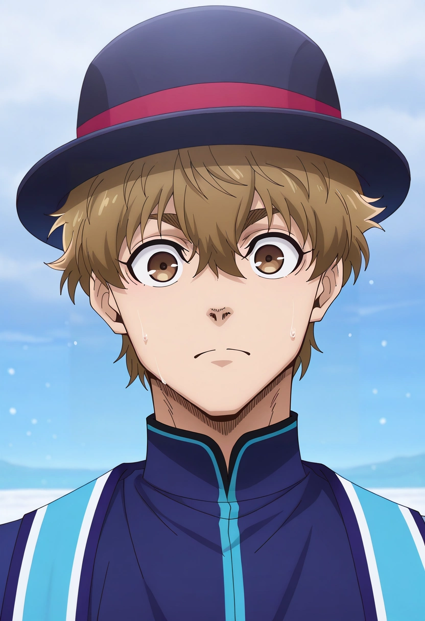 masterpiece, best quality, intricate details, anime screencap, anime coloring, official style, , 1boy, solo, male focus, <lora:asahi_naruhaya_ilxl:0.98>, asahi_naruhaya, brown hair, brown eyes, short hair, hair between eyes, bangs, , Titanic voyage, grand deck, billowing sails, icy waters, gazing pose, awe-struck expression, cold moonlight, , bowler hat